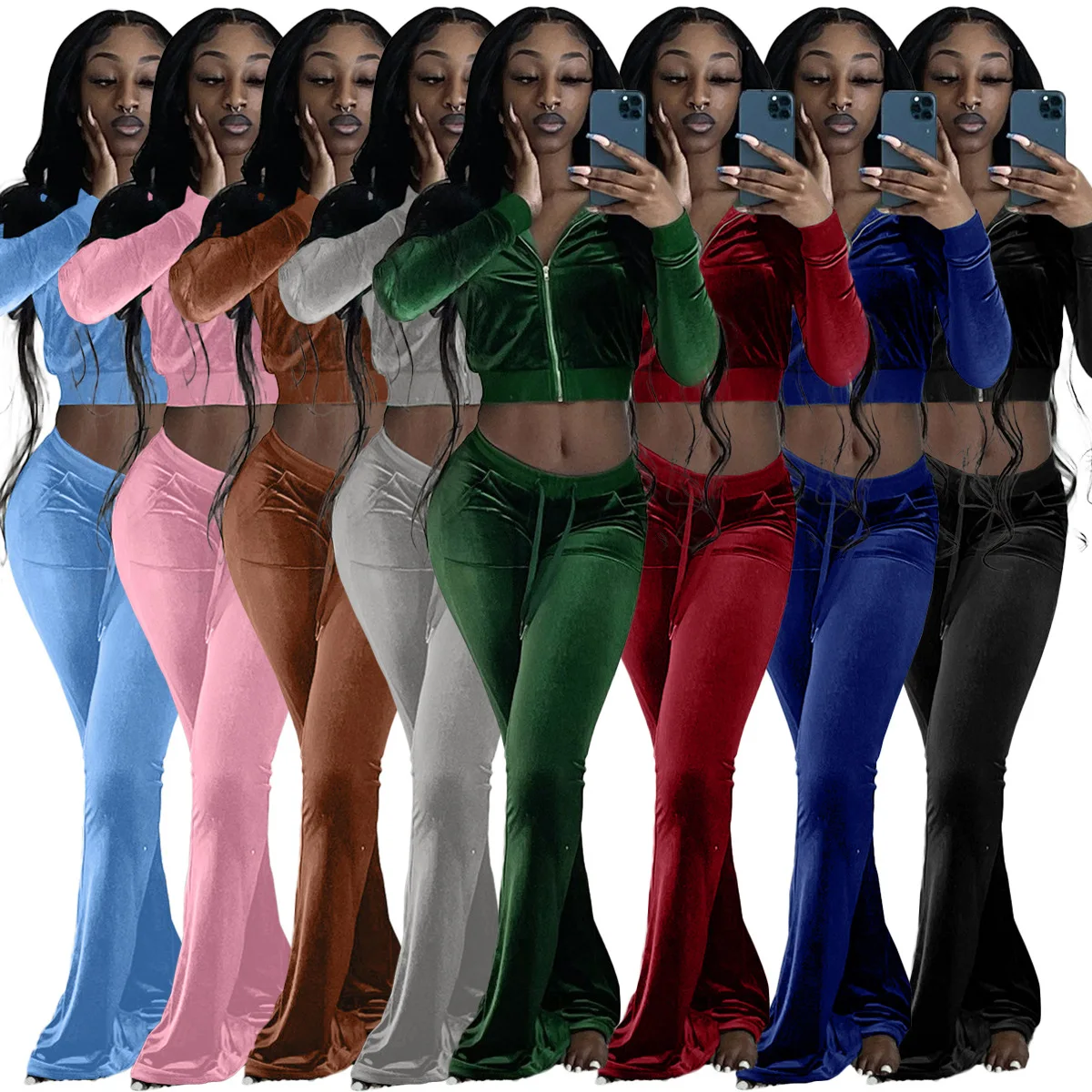 Velvet Tracksuit Women Two Piece Set Autumn Zipper Crop Jacket Flared Pants Matching Streetwear Casual 2 Piece Sets Women Outfit sweatsuit set of two pieces for men zipper sweatshirt suit men s tracksuit man set hoodie and pants suit autumn men s clothing