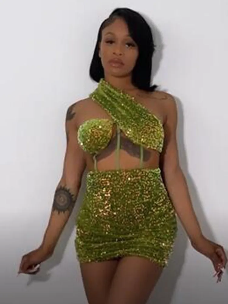 Padded Lady Bodycon Glitter Green Dress 