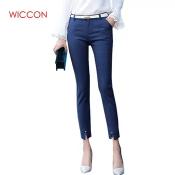 

WICCON Casual Ankle-Length Skinny Trousers Female Suit Fabric Pencil Pants Formal High Waist Pantalon Summer women Split Pant