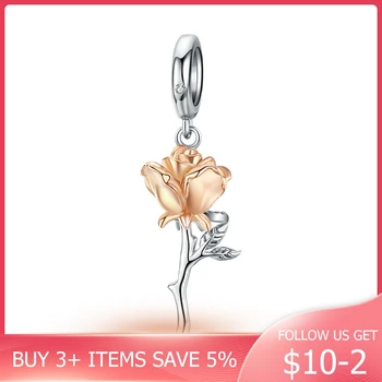

CodeMonkey 3D Rose Flower Pendant Charm 925 Sterling Silver Rose Gold Color Charms Fit Original 3mm DIY Bijoux CMC145