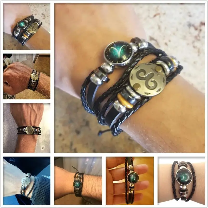 Bracelet en cuir tressé noir signe du zodiaque pour homme, 12 constellations, bélier, lion, vebra, soulier, breton, punk, bijoux, 2 pièces