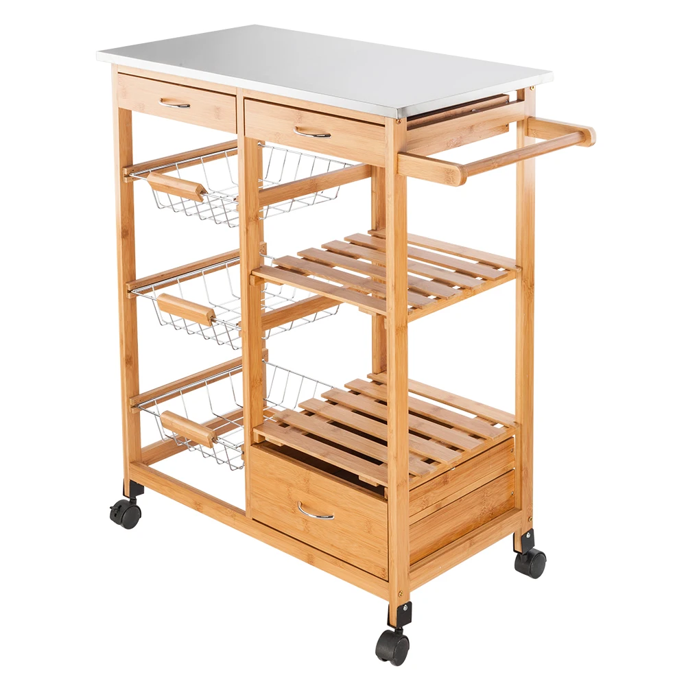  FCH Moveable Kitchen Cart with Stainless Steel Table Top & Three Drawers & Three Baskets Burlywood - 4000200401252