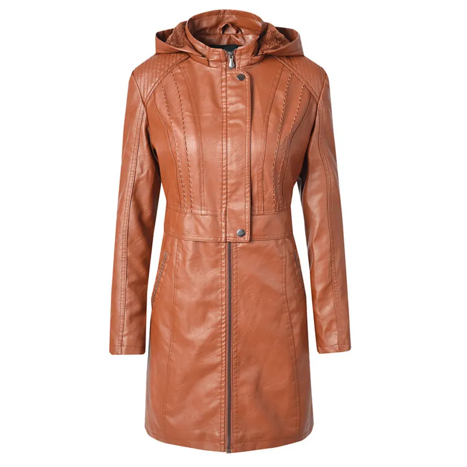 Hoodie Thick Fleece Long Leather Jacket Women's Winter Coat Warm Moto Outwear jaquetas couro veste cuir femme chaqueta mujer - Цвет: brown