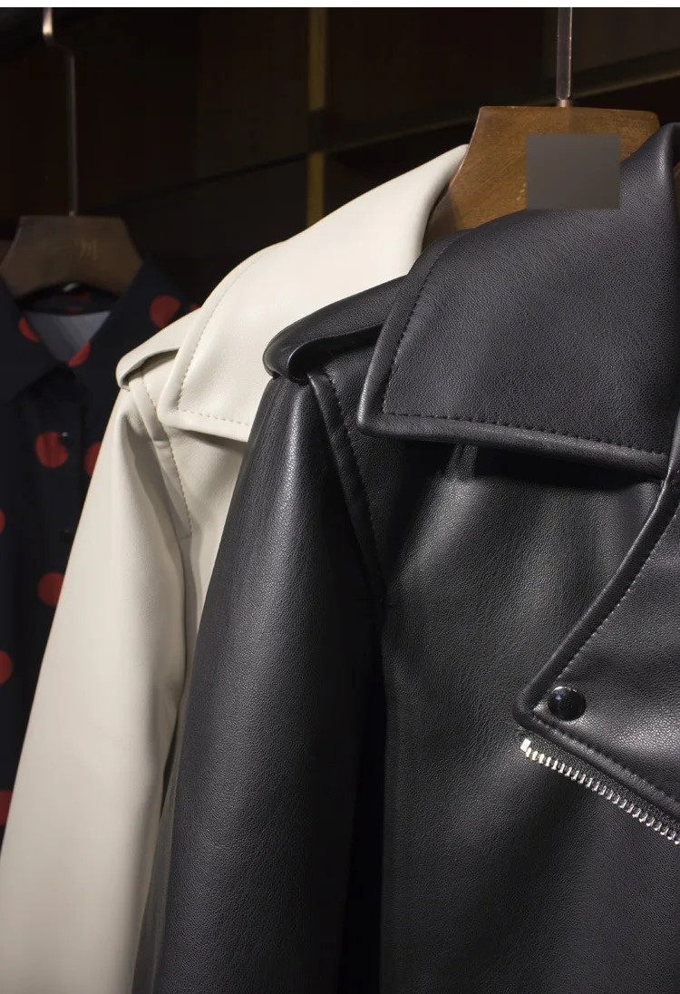 

Nh109 Fold-down Collar Long Sleeve Biker Leather Jacket Leather Coat