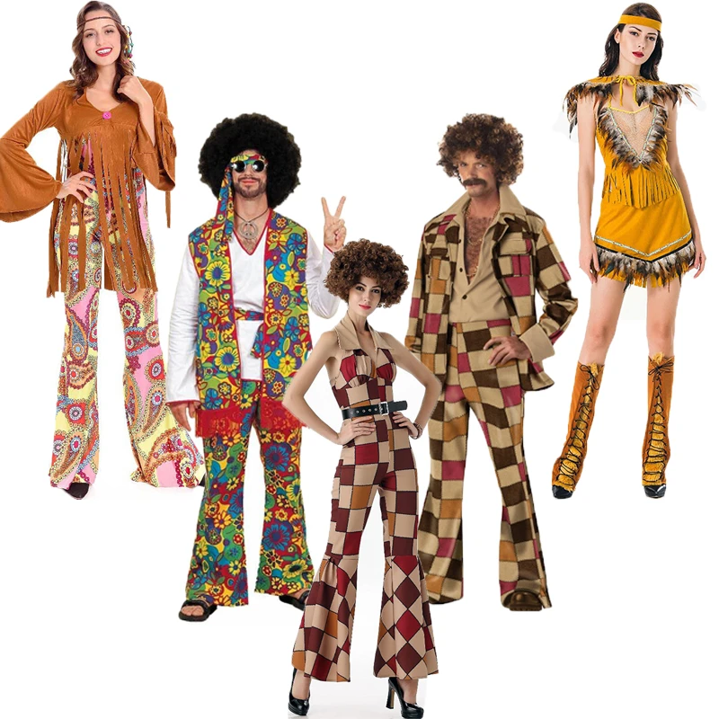 Disfraz Retro de fiesta para hombres mujeres, ropa Hippie de los años 60 y 70, con para Halloween, indio, para espectáculo, discoteca, C78K51| | -