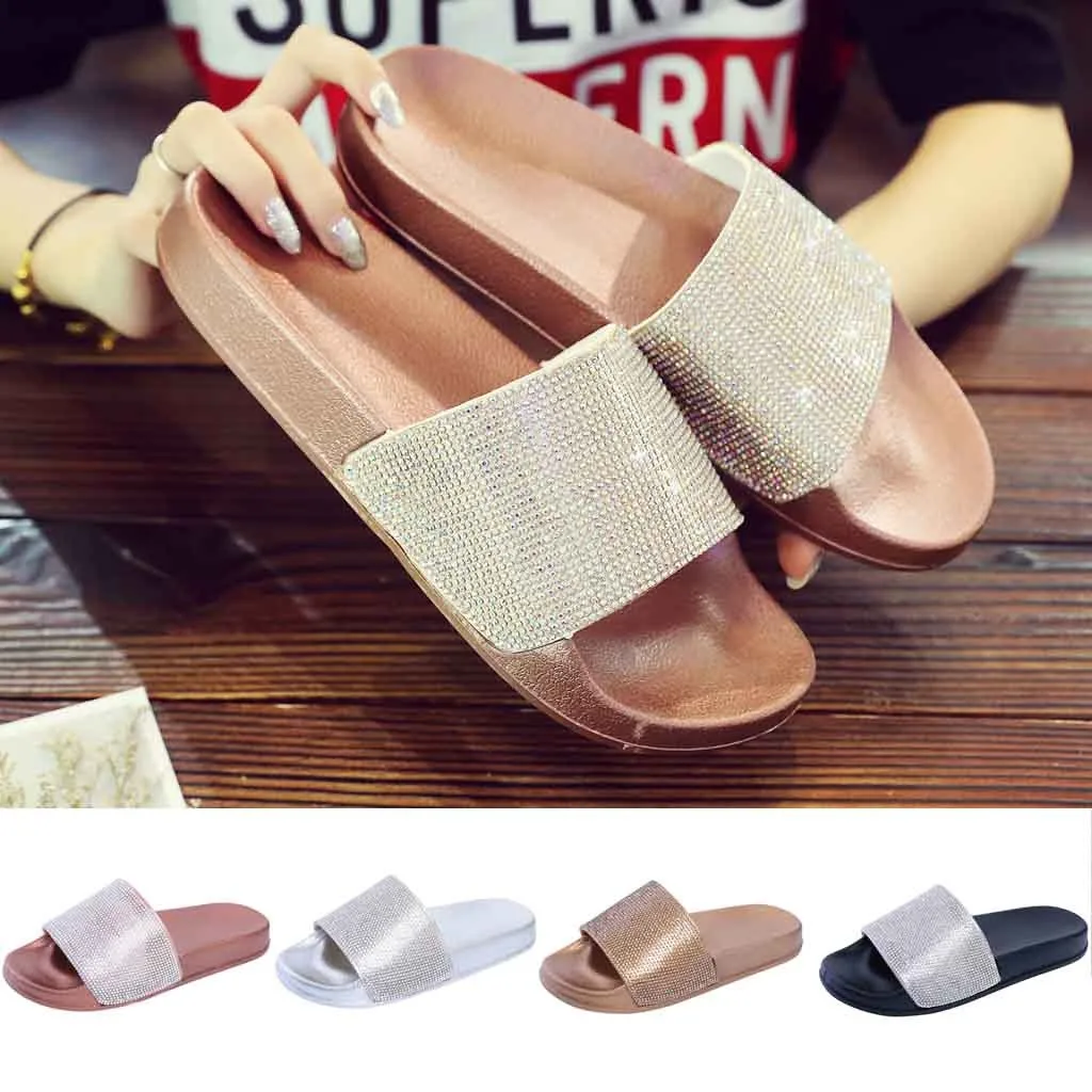

2019 fashion Womens Flat Slides Sandals Diamante Sparkly Sliders Colorful Diamond Flat with Basic Slippers flip flops