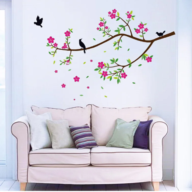 Романтический прикроватный фон для гостиной, спальни, декоративные наклейки на стену, пасторальный стиль, персиковый цвет, птица, водонепроницаемый самоклеящийся