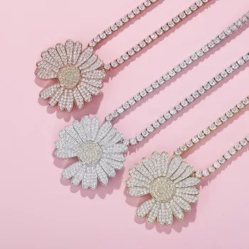 

New Quan Zhilong Small Daisy Pendant With Tennis Chain Full Of Zircon Simple Personality Hip-hop Hipster Necklace Jewelry