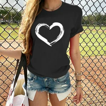 Camiseta con estampado de corazón Harajuku para Mujer, Camiseta holgada de manga corta con cuello redondo, Camisetas de manga corta para Mujer 2020