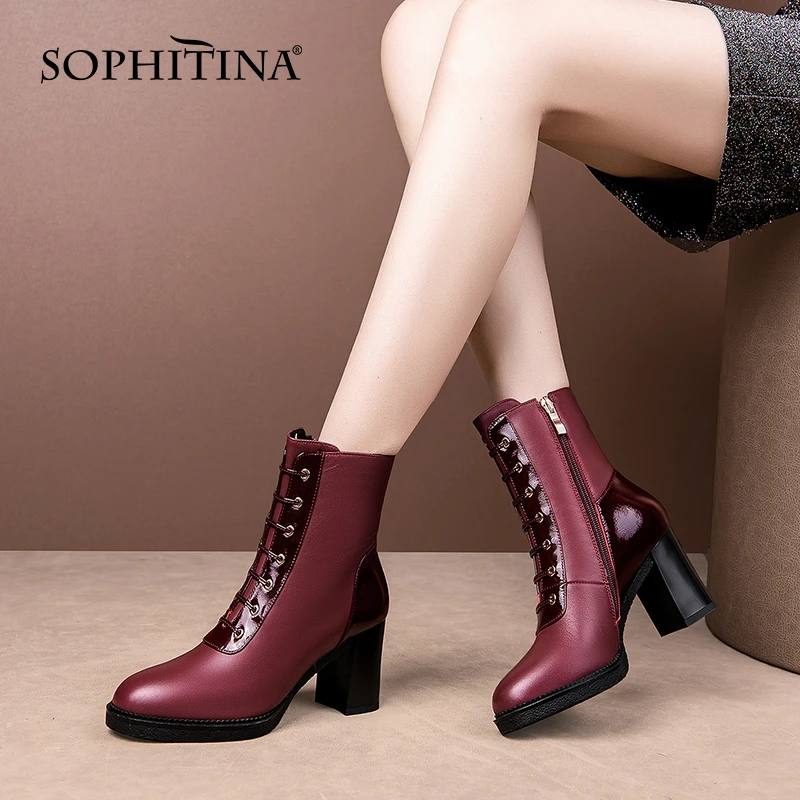 SOPHITINA zapatos de auténtica con cremallera para mujer, botines elegantes de tacón medio, color vino tinto, para primavera y otoño, MO820| Botas hasta el tobillo| - AliExpress