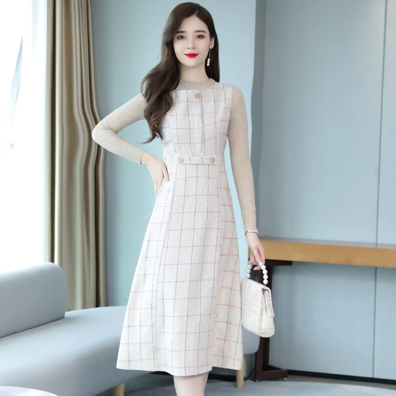 

2019 Autumn And Winter New Style French Sundress WOMEN'S Suit Slim Fit Versatile Waist Hugging Slimming Woolen Dress Two-Piece S