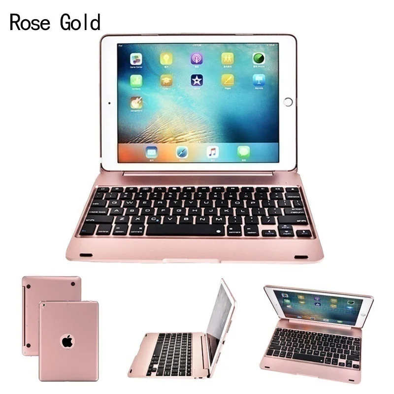 rose gold 2.IPad Pro 9.7 Air 2 Keyboard Case ABS Stand Smart Cover with Backlits Bluetooth Keyboard Folios Case Cover - Цвет: rose gold