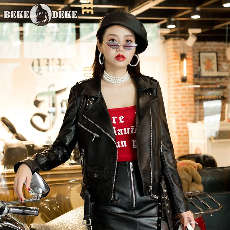 

Spring Women Punk Sheepskin Jacket Short Belted Slim Fit Coat Autumn Female Classic Fashion Motor Biker Genuine Leather Jacket