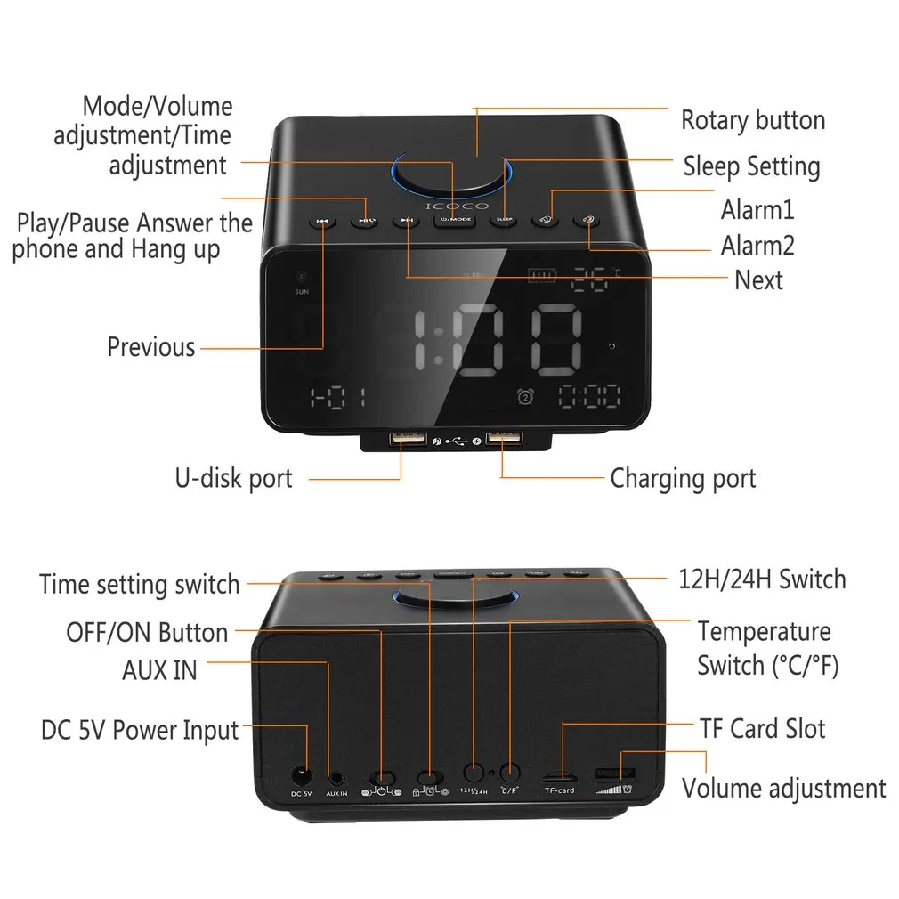Цифровой будильник динамик с fm-радио USB зарядное устройство светодиодный дисплей внутренняя температура/день/Дата дисплей, Nap/спящий таймер