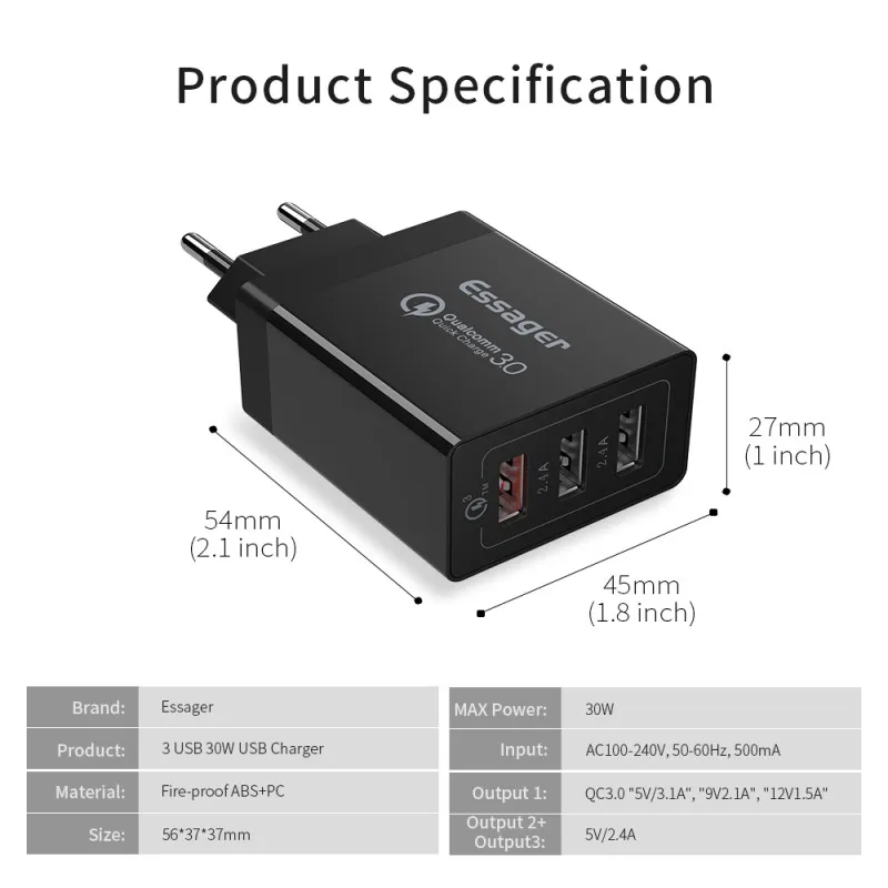 Быстрая зарядка 3,0 USB зарядное устройство 30 Вт QC3.0 QC Turbo Быстрая зарядка мульти зарядное устройство для телефона с вилкой EU зарядное устройство для IPhone для Xiaomi