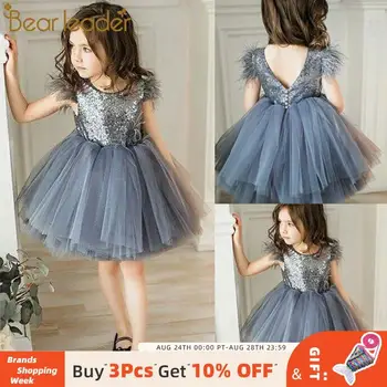 

Bear Leader Toddler Party Dress Sleeveless Feather Sleeve Dress Sequin Decoration Princess Dress Kids Party Dress