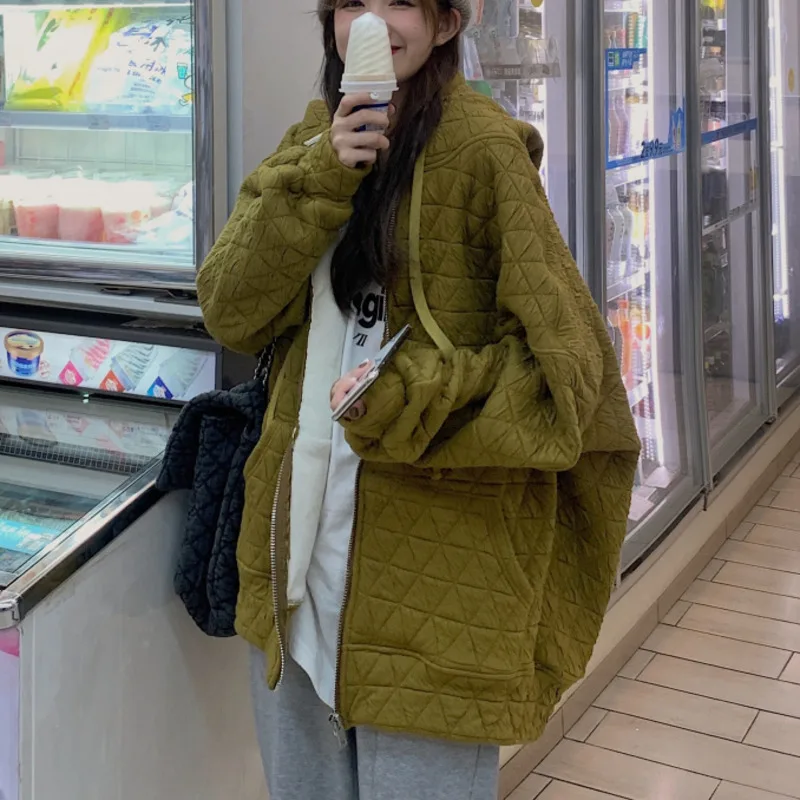 Gingham Jacket Top Women's Winter Chic Loose Hooded Plush Thickened Warm Coat | Женская одежда