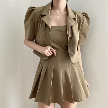 

HziriP 2020 New Vintage Solid OL Stylish Short Blazers+ Pleated All Match Streetwear Sexy Mini Slip Dresses Suits 2 Piece Sets