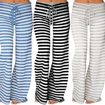 

Womens Plus Size Striped Print Flare Pants Wide Leg Drawstring Elastic High Waist Pajama Trousers Palazzo Loungewear S-3XL