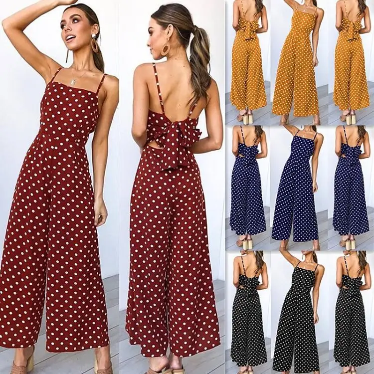 

Elegant Jumpsuits Women Sleeveless Polka Dots Loose Trousers Wide Leg Pants Rompers Holiday Backless Bow Leotard Sexy Overalls