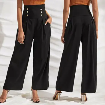 

New Women Elastic Double Button High Waist Wide Leg Pants Palazzo Loose Trousers