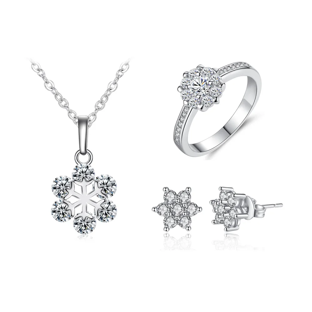 

Snowflake Jewelry Three-piece Set Ring Necklace And Earring Suit Christmas Gift European And American Minimalist Gift Set