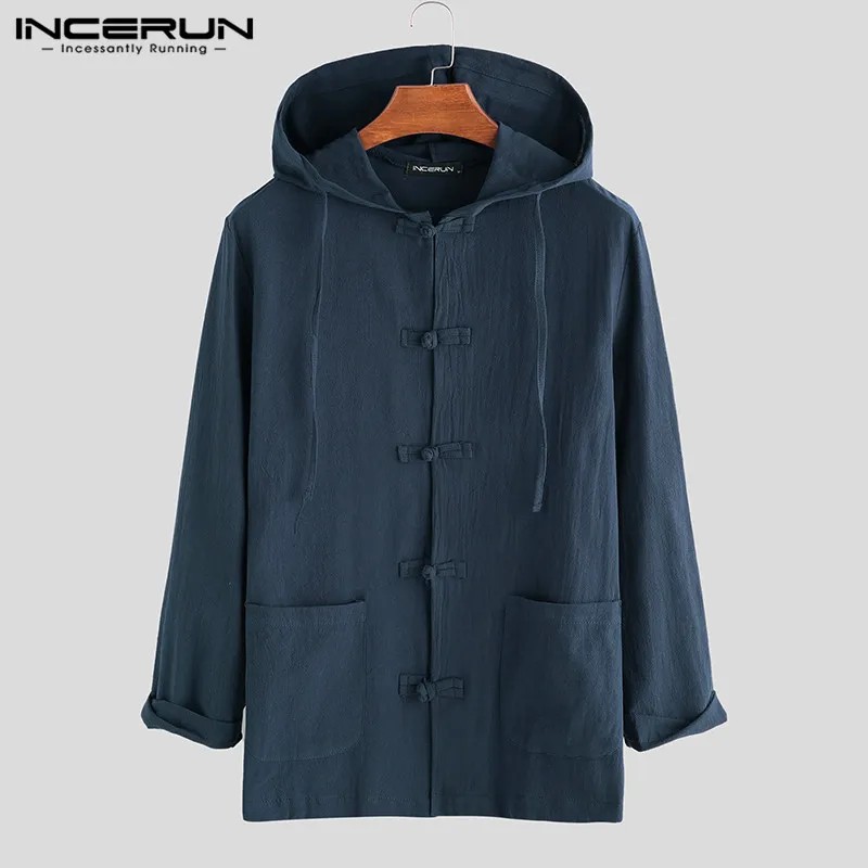 Navy Shirt INCERUN, Китайская традиционная рубашка, мужская, длинный рукав, хлопок, лен, повседневная, с капюшоном, на пуговицах, Ретро стиль, одноцветная, Hanfu, топы, мужские рубашки - Цвет: Navy Shirt