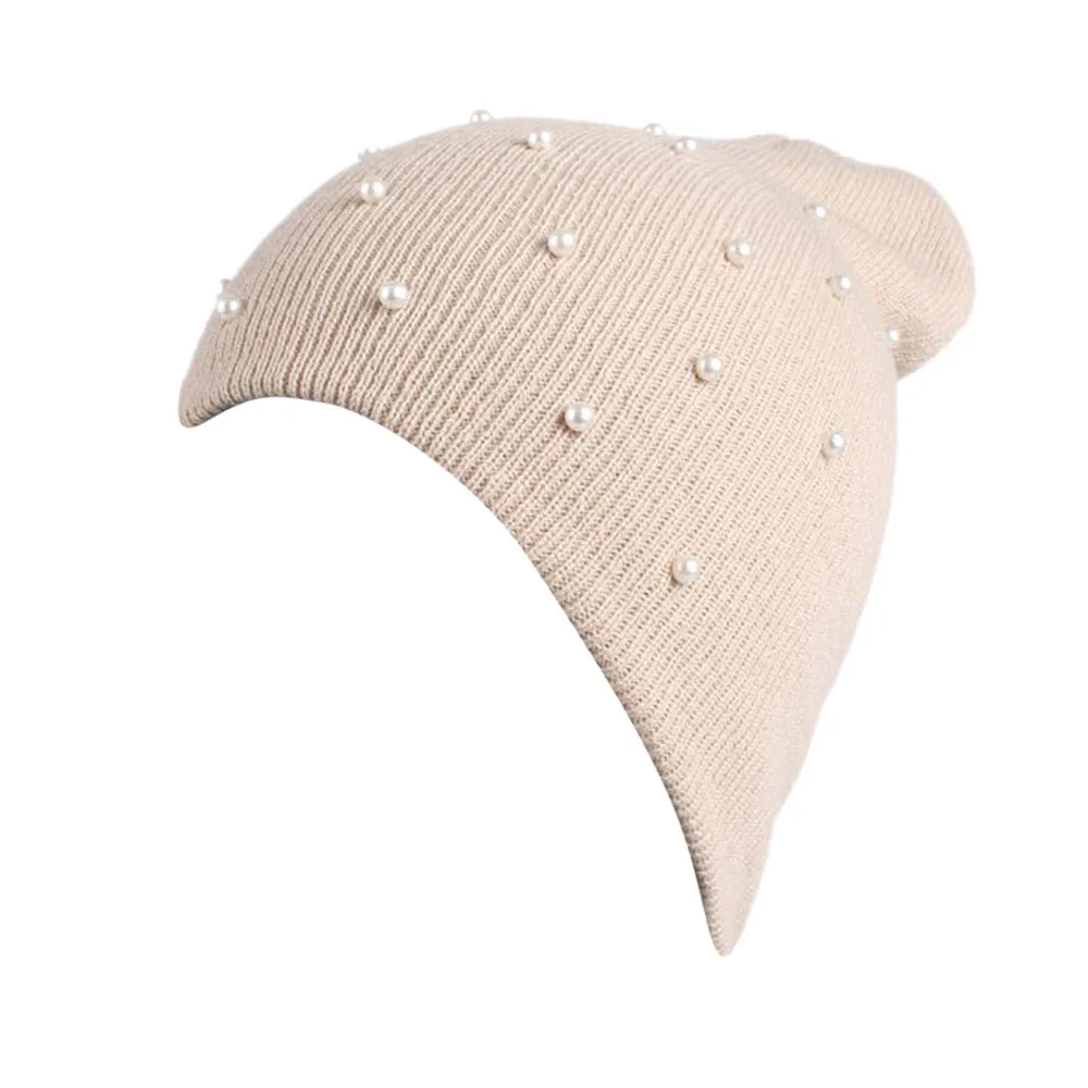 Женская зимняя однотонная вязаная шапка с бисером и жемчугом, теплая шапка, шапка с ворсом, лыжная шапка, лидер продаж, женская зимняя теплая шапка Sombrero - Цвет: Бежевый