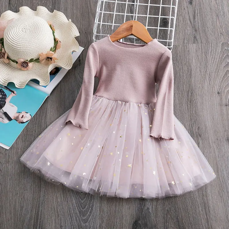 Детские платья осеннее платье для девочек повседневная одежда принцессы с длинными рукавами и звездами одежда для маленьких девочек 1, 2, 3, 4 лет - Цвет: Pink