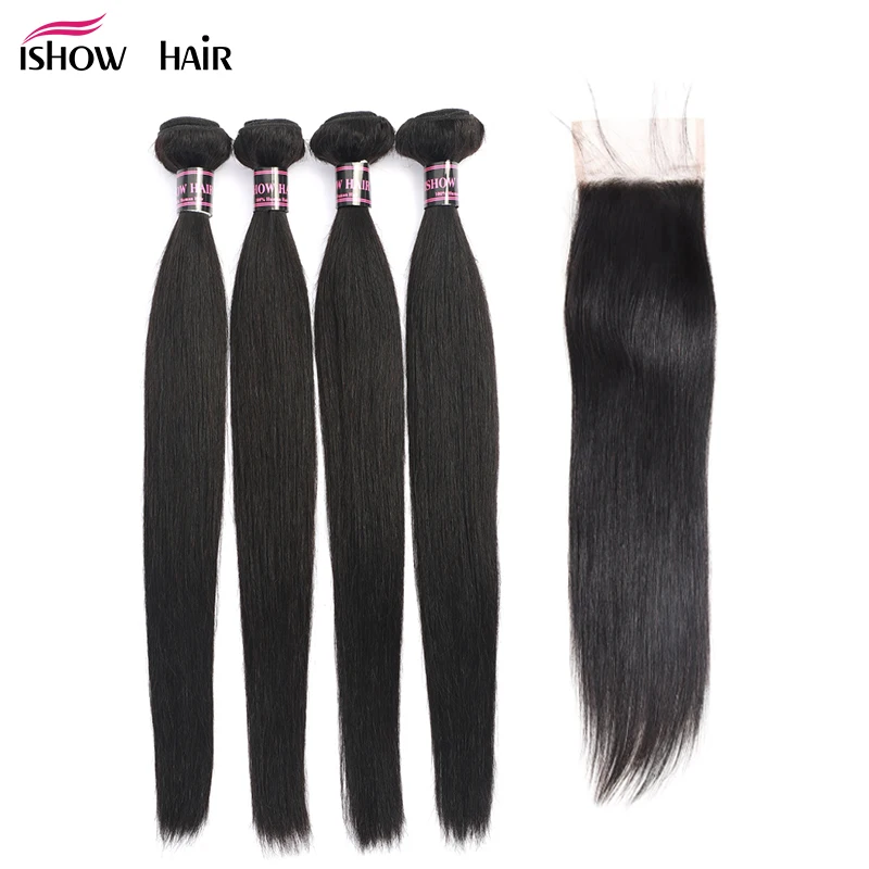 

Ishow Indian Straight Human Hair 4 Bundles with Closure with Baby Hair Free Middle Three Part Lace Closure With Bundles Non Remy