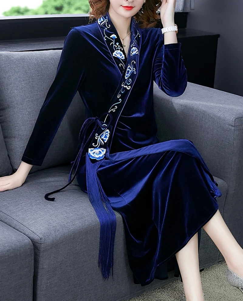 Велюровое вечернее платье, длинное, современное, китайское, Cheongsam Qipao, женское, вышивка, кисточки, длинный рукав, элегантное, китайское платье, TA2121