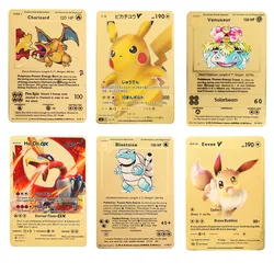 Cartes Pokemon en métal doré, modèle de jouet pour enfant, Pikachu, Charizard, Shadow, Blastoise, Action de combat, 1996 