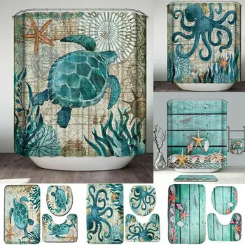 

2019 NEW 4PCS Sea Style Non Slip Toilet mat Shower Curtain Rugs Mat Set