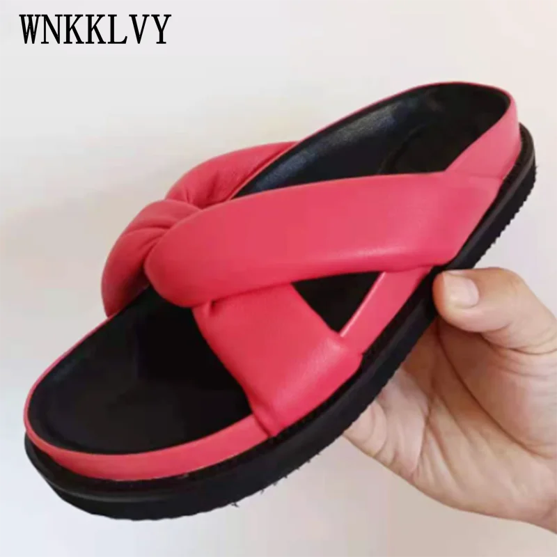 Summer flatform slippers women cross belt soft real leather vocation