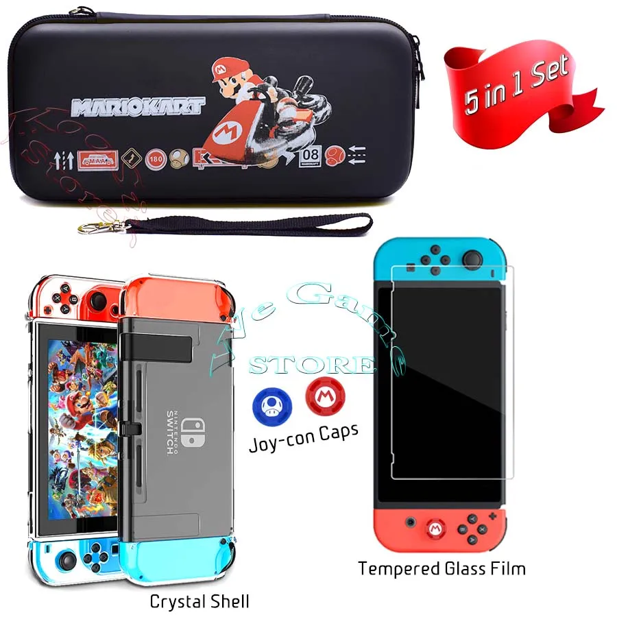 Nintendos Case Nintend Switch Travel Carry Bag+ Screen Glass Film& Crystal Hard Shell+ 2 Silicone Cap for NS Nintendoswitch - Цвет: 5in1 D
