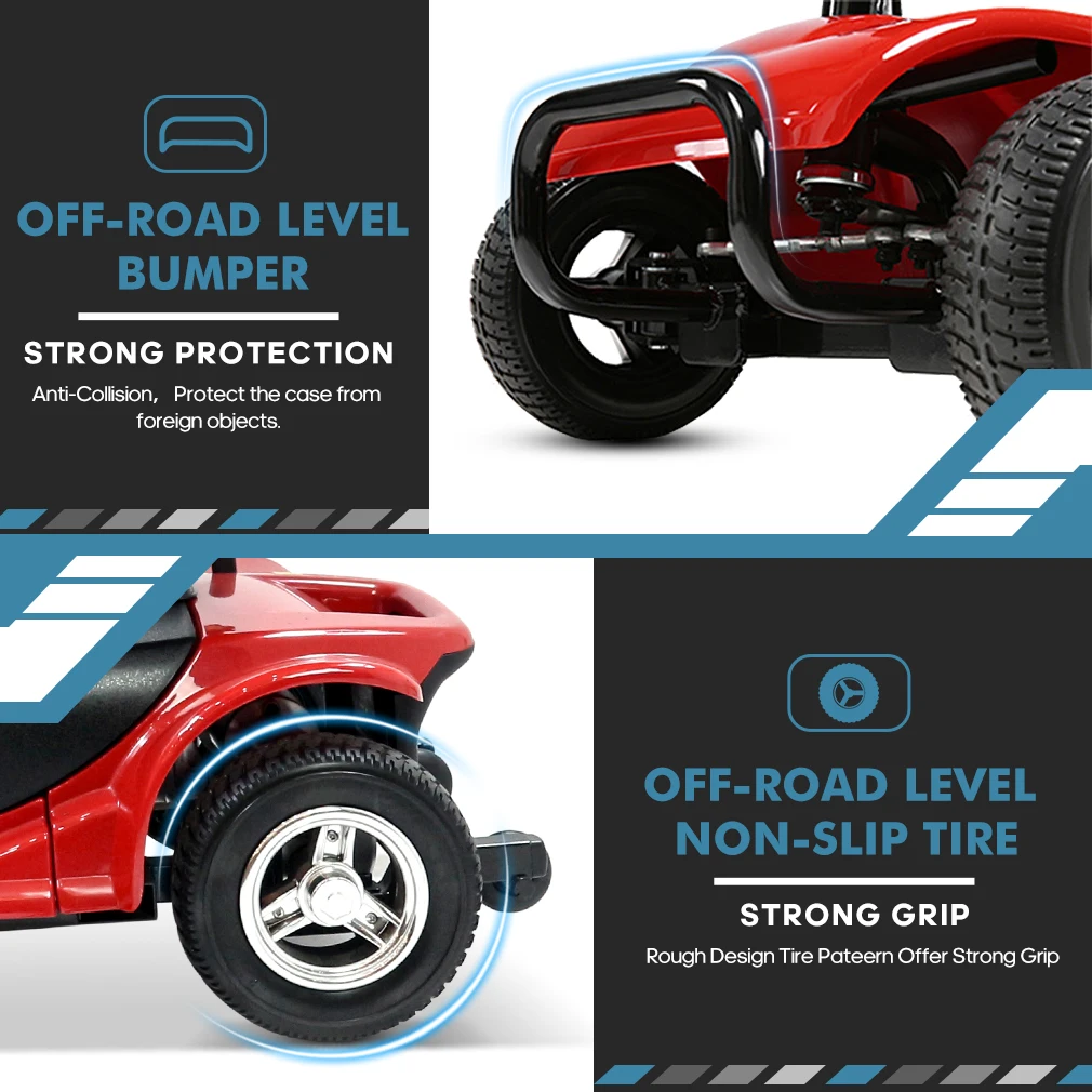 A red Folding Seated Electric Scooter suitable for off-road terrains.