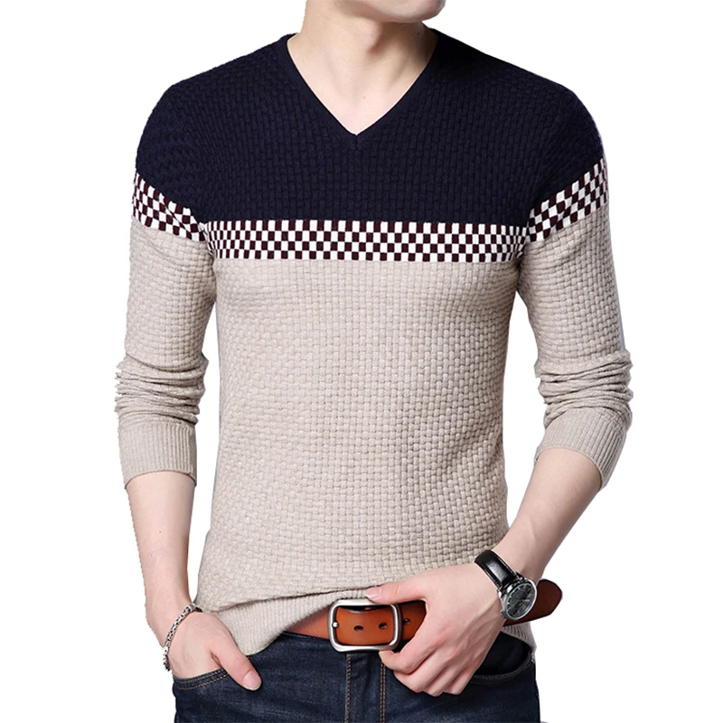 Beige Sweaters BROWON мужской брендовый свитер, деловой свитер для отдыха, пуловер V-ausschnitt, мужской облегающий вязаный свитер для мужчин - Цвет: Beige Sweaters