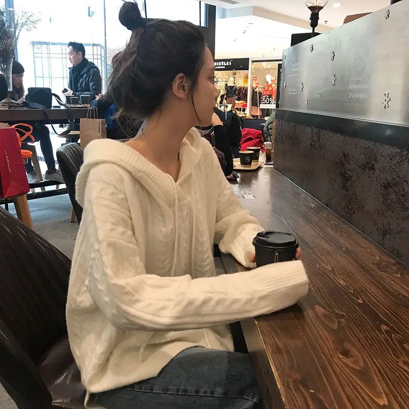 Женский свитер из красного дерева вязаный пуловер с капюшоном в Корейском стиле