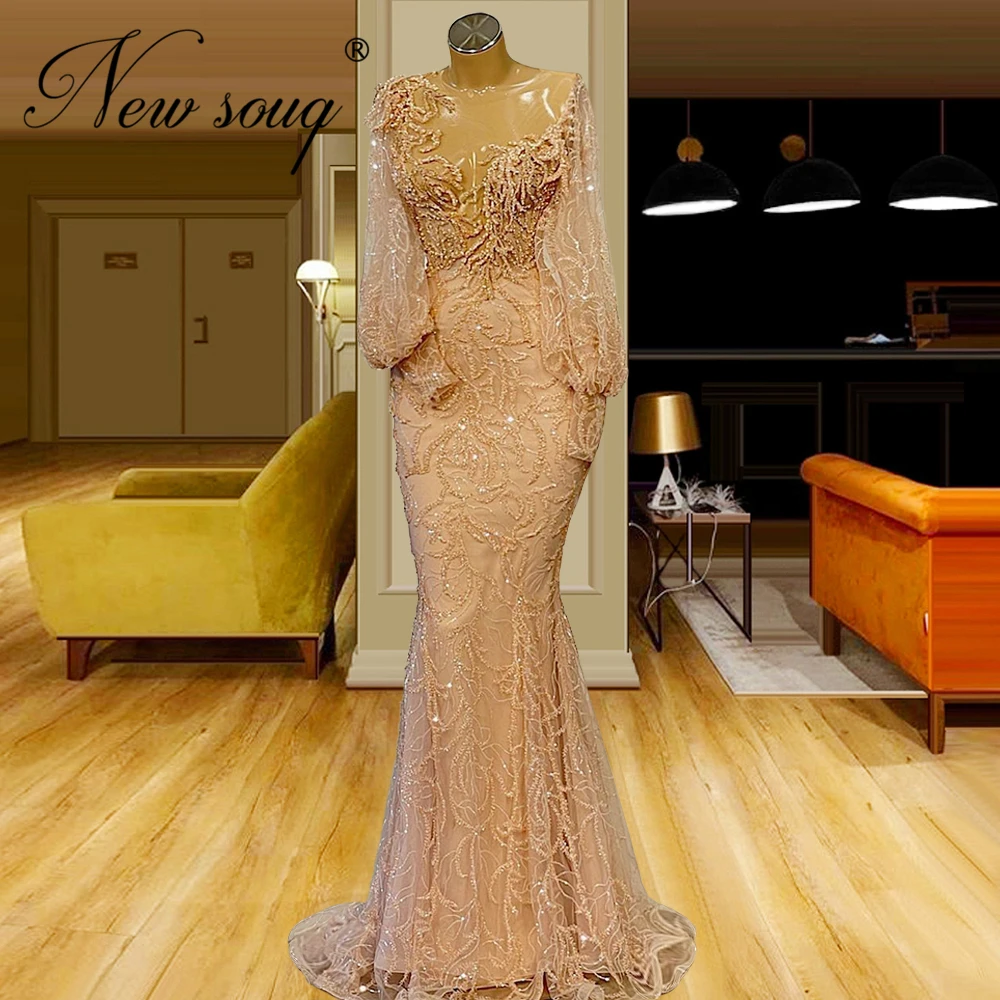 

See Thorugh Beaded Party Dresses For Women Robes De Soiree Long Sleeves Crystals 2022 Evening Dresses Arabic Women Prom Dress