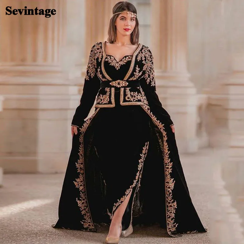 

Sevintage Velvet Karakou Algerian Evening Dresses Appliques Lace Long Sleeves Prom Gowns 4 Pieces Removable Skirt Party Dress