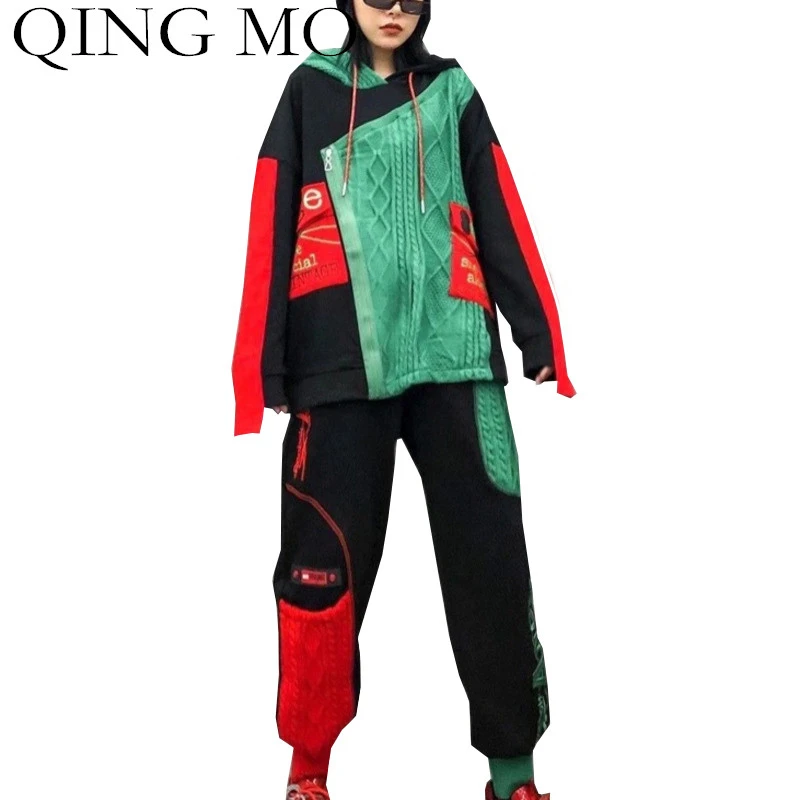 

QING MO Fashion Sweatshirt Suit 2020 Fall Stitching Color Hooded Woman Sweate Sweatshirt Coat + Trousers Two-piece Suit LHXX342