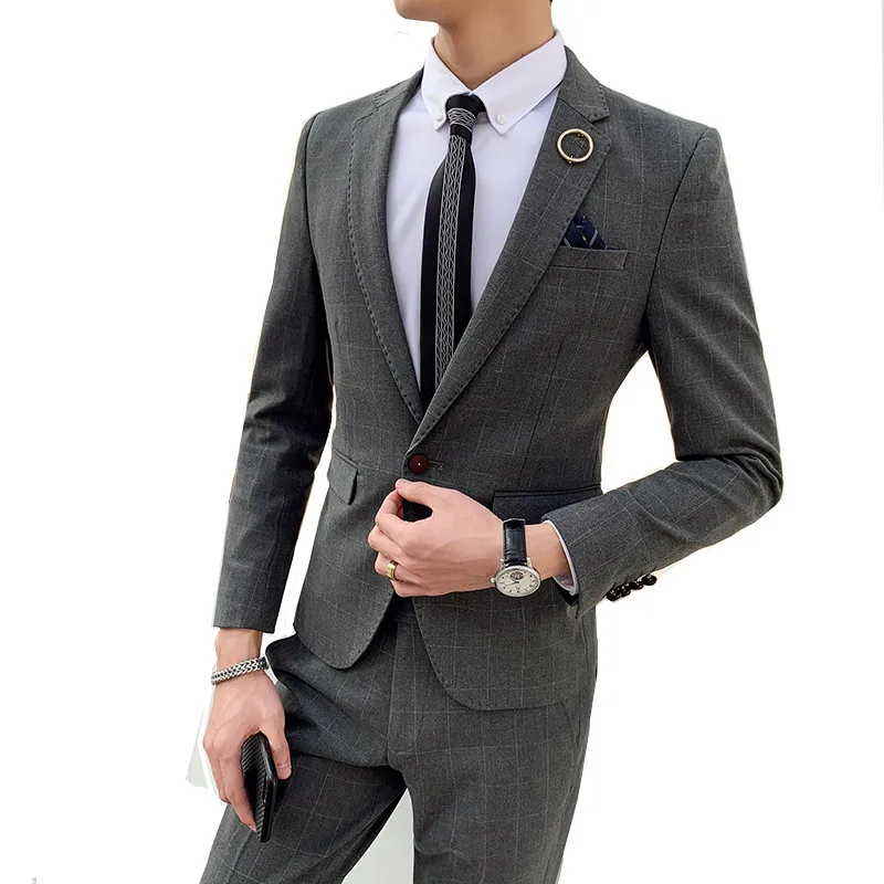 

2019 spring new lattice slim banquet high-end suit 2 sets (coat pants) male blazer British style Plus size suit