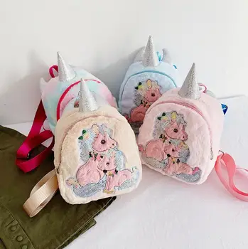 

Baby Girl Unicorn Fur Backpack Cute Children Zipper Schoolbag Mini Kid Toy Doll Backpack For Kidergarten New Plush Bag