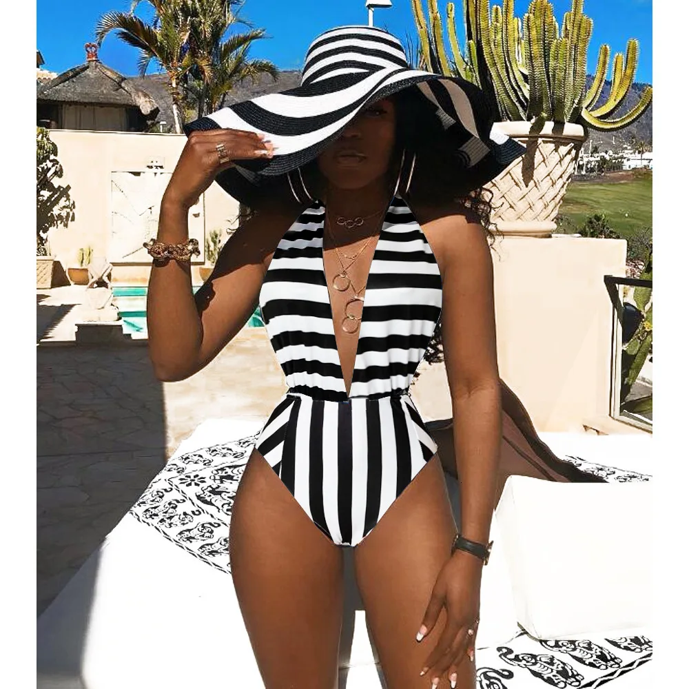 New Fashion Women Strip Sleeveless Deep V-neck Striped Beach Sexy Party Club Bodysuit Outfit