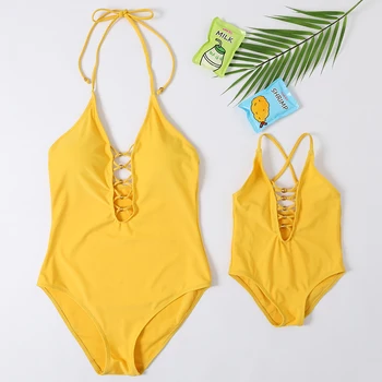 

New Beachwear Mum and Me Swimwear One Piece Gold Pearl Monokini Yellow Swimsuit for Girl and Women Family Swimsuit