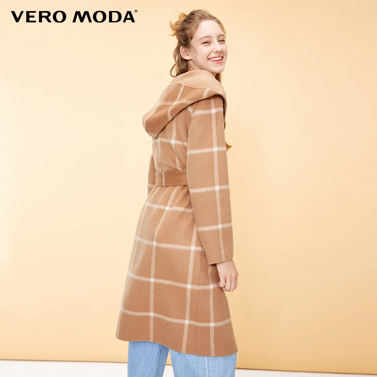 Vero Moda женское 64% шерстяное клетчатое Двустороннее пальто с капюшоном |
