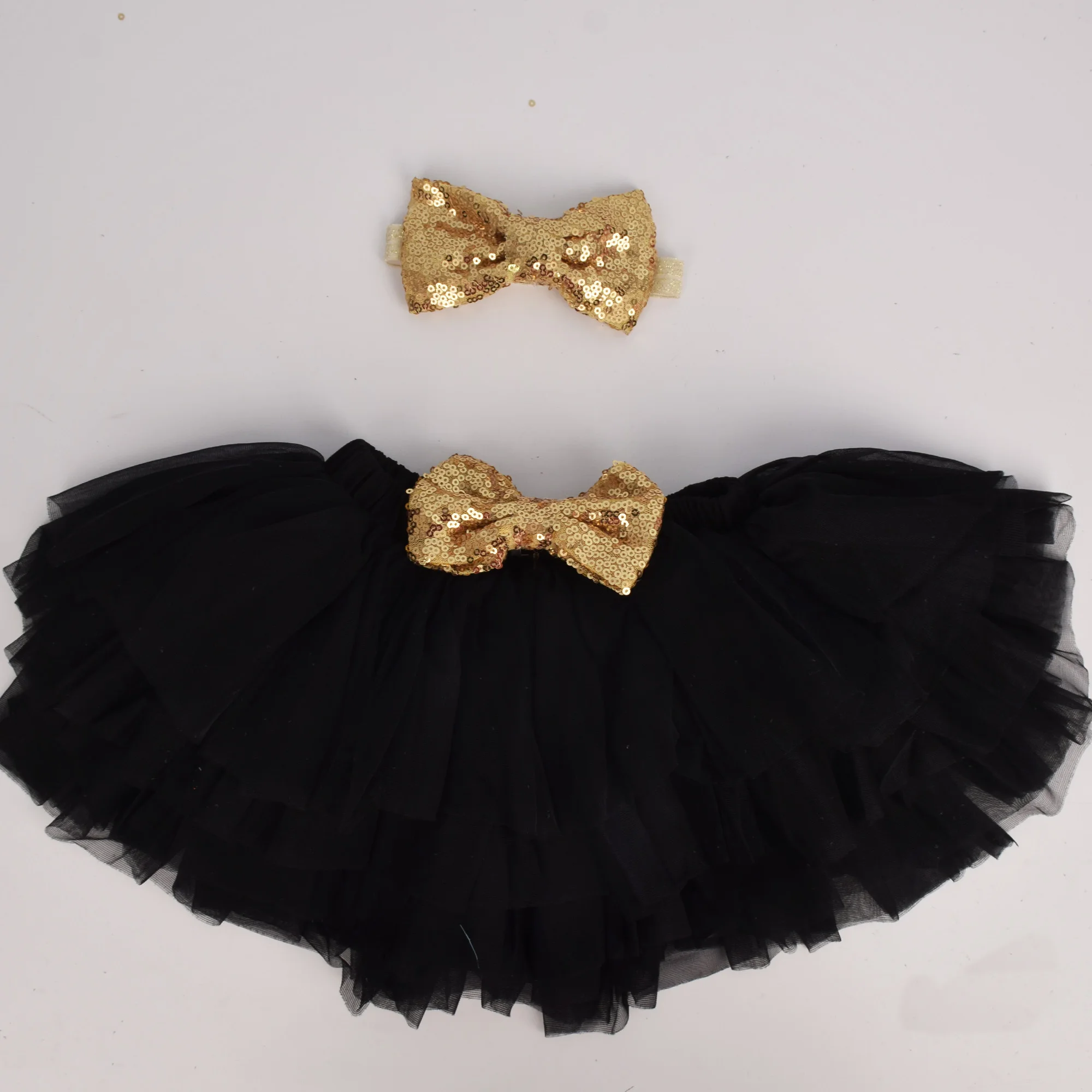 Шифоновая пушистая юбка-пачка для девочек, хлопковые шаровары с оборками и повязка на голову с цветком для маленьких девочек, комплект для новорожденных, реквизит для фотосессии 0-3 лет - Цвет: black