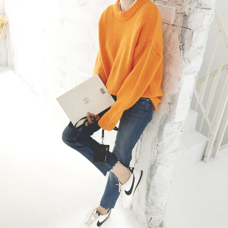 Оранжевый свитер с круглым вырезом вязанный пуловер свитер женские джемперы осень для девочек трикотажные корейские