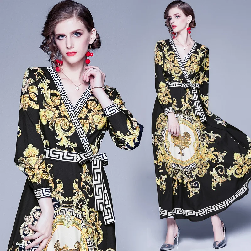 

1323 Autumn New Style Palace Retro Europe And America Printed Dress V-neck Waist Hugging-Style One Piece