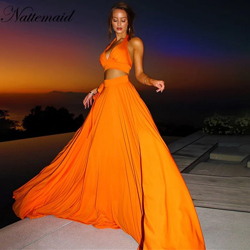 

NATTEMAID Elegant Party Two Piece Set Backless Halter Crop Top And Maxi Long Skirts Sexy 2 Piece Set Women 2019 summer Outfits